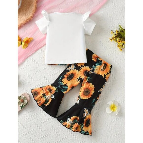 2pcs Adorable Toddler Girl's Cow & Sunflower Pattern Casual OutfIT - Picture 2 of 4